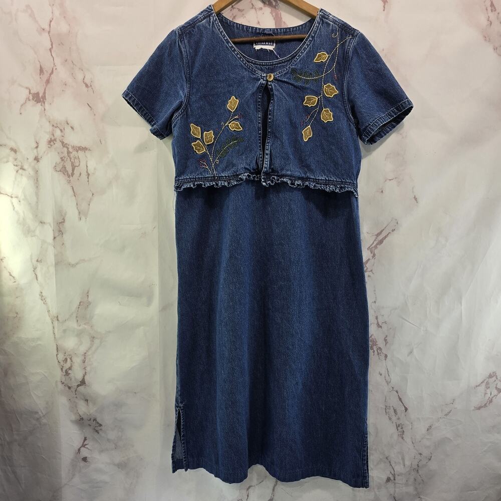 Vintage Jean Dress Womens Large Chambray Denim Layered Fall Leaf Embroidered